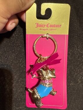 Juicy Couture Gold Dog Keyring with Hot Pink Ribbon and Blue Enamel